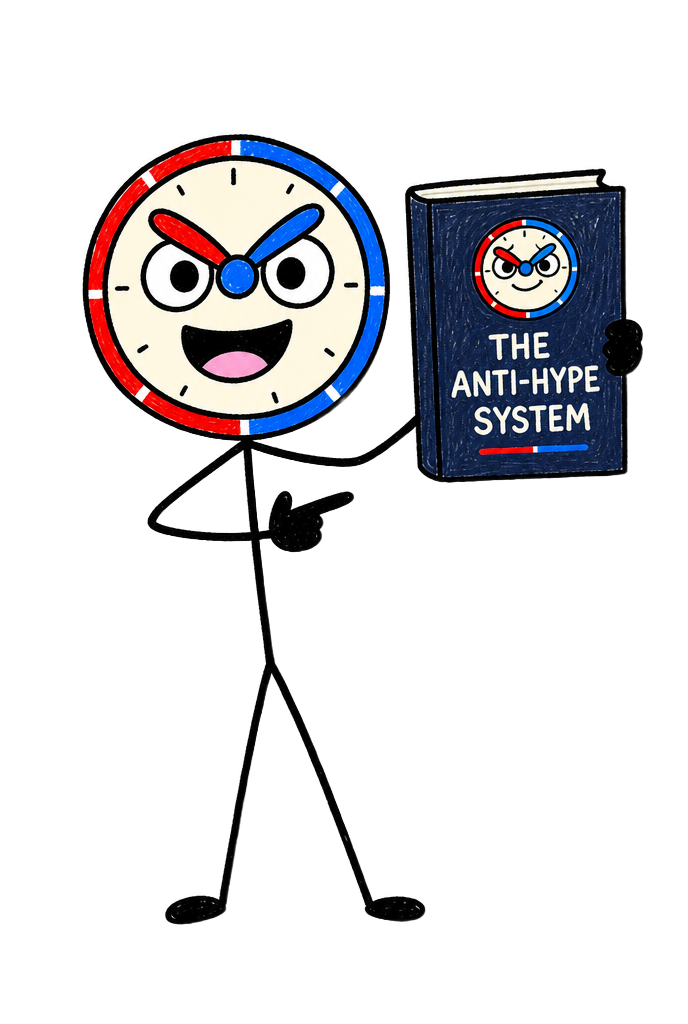 The Wrist Theory mascot holding The Anti-Hype System field manual
