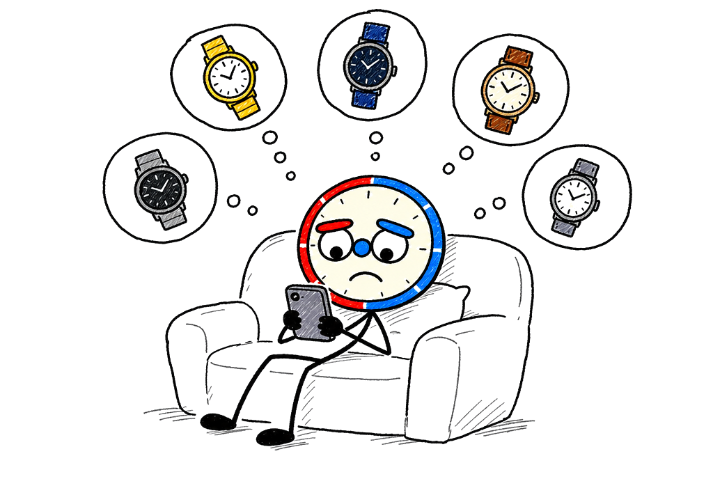 Worn-out watch lover slumped on the couch, still scrolling for the next watch